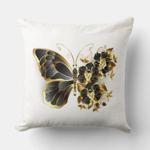 Gold Flower Butterfly with Black Orchid Throw Pillow