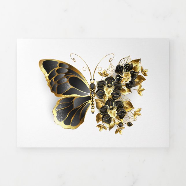 Gold Flower Butterfly with Black Orchid Tri-Fold Card (Cover)