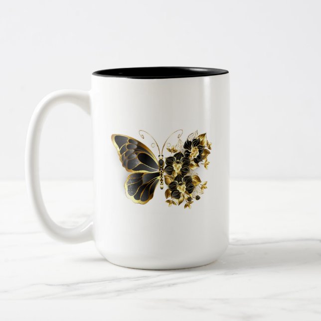 Gold Flower Butterfly with Black Orchid Two-Tone Coffee Mug (Left)