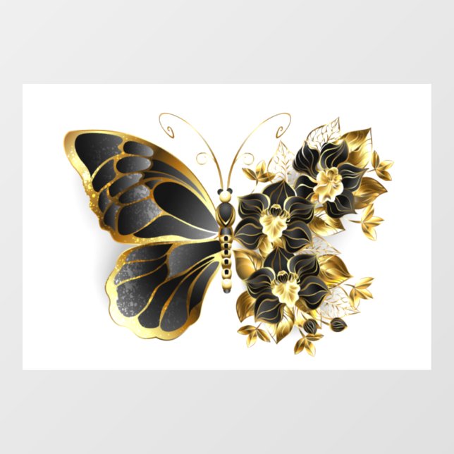 Gold Flower Butterfly with Black Orchid Window Cling (Sheet)