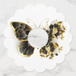 Gold Flower Butterfly with Black Orchid Wine Glass Tag