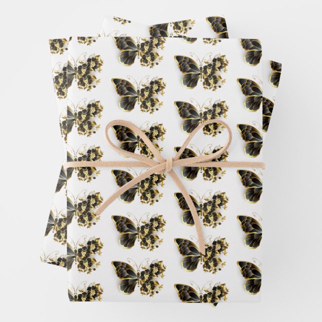 Gold Flower Butterfly with Black Orchid Wrapping Paper Sheet (In situ)
