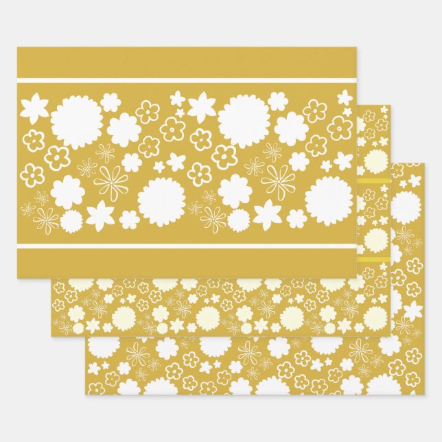 Gold Flower Floral Pattern Wrapping Paper Sheet (Set)