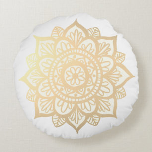 Gold Flower Mandala Round Pillow