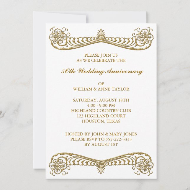 Gold Flower Scroll 50th Wedding Anniversary Party Invitation (Front)