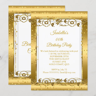 Gold Flower White Glitter Birthday Party Invitation