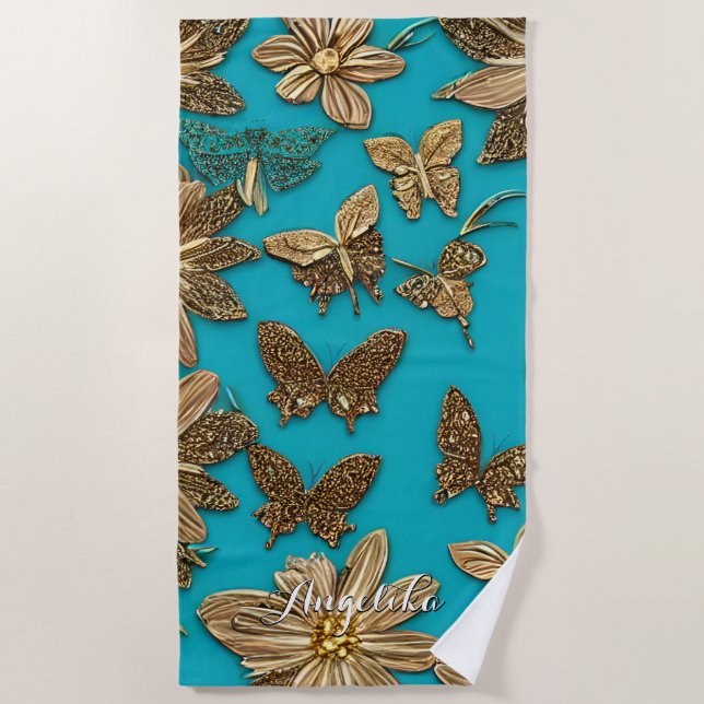 Gold Flowers and Butterflies Teal Background Beach Towel (Front)
