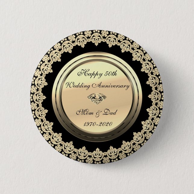 Gold Flowers  Black 50th Wedding Anniversary 2 Inch Round Button (Front)