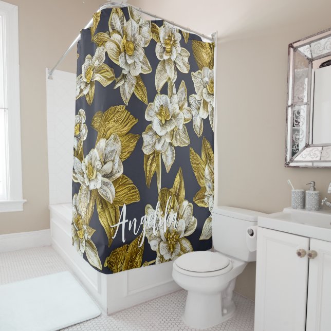 Gold Flowers Black Background Custom Name (In Situ)