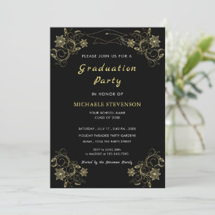 Gold Flowers Black Graduation Party Invitation Cas