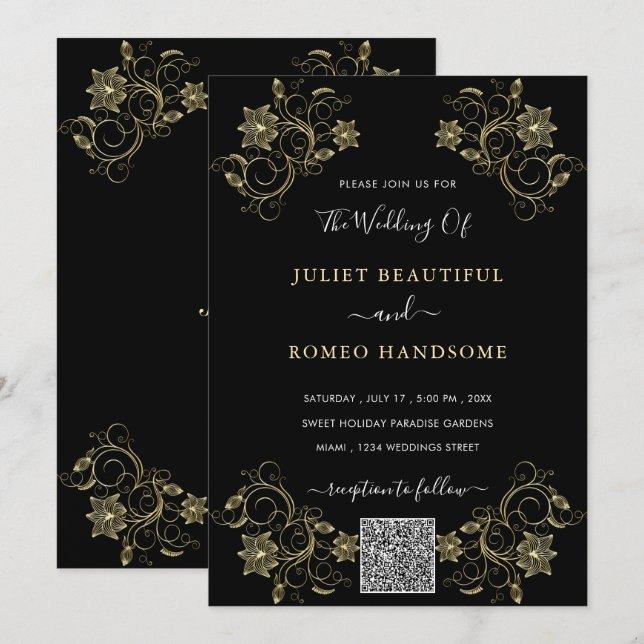 Gold Flowers Black Wedding Invitation with QR Code (Front/Back)