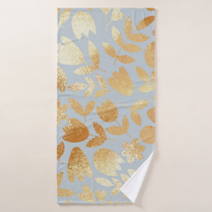 Gold flowers, blue background, foil imitation. bath towel