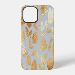 Gold flowers, blue background, foil imitation. iPhone 12 case