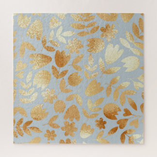 Gold flowers, blue background, foil imitation. jigsaw puzzle