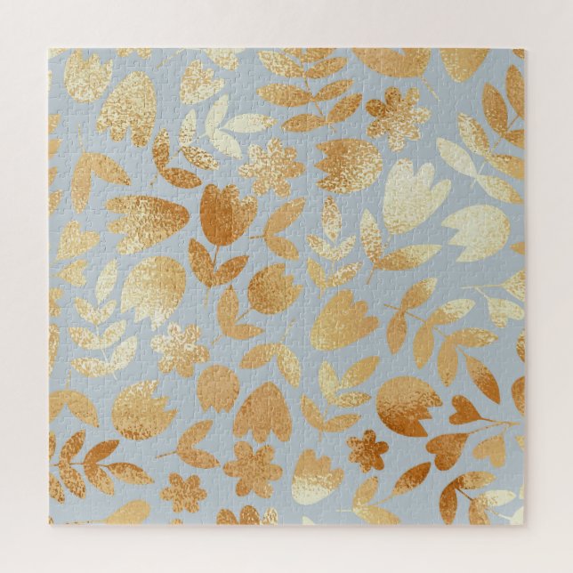 Gold flowers, blue background, foil imitation. jigsaw puzzle (Vertical)