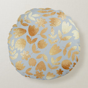 Gold flowers, blue background, foil imitation. round pillow