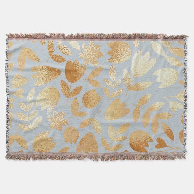 Gold flowers, blue background, foil imitation. throw blanket (Front)
