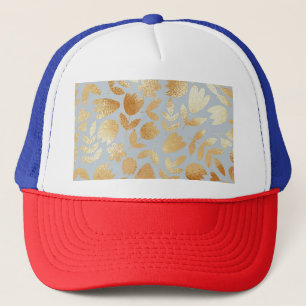 Gold flowers, blue background, foil imitation. trucker hat