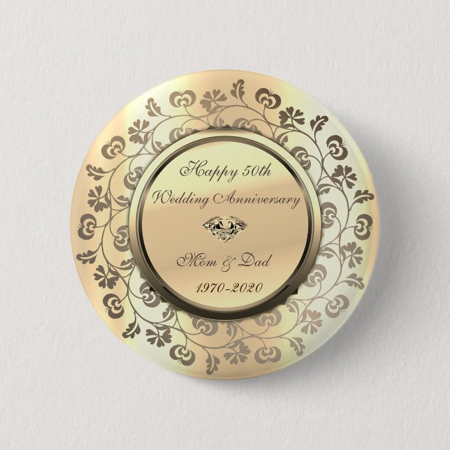 Gold Flowers Diamond 50th Wedding Anniversary 2 Inch Round Button (Front)