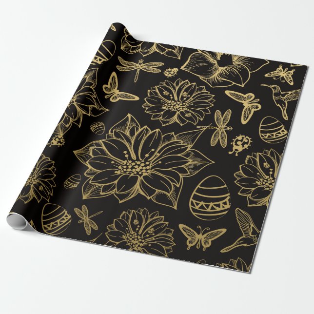 Gold flowers, Easter eggs seamless flowers Wrapping Paper (Unrolled)
