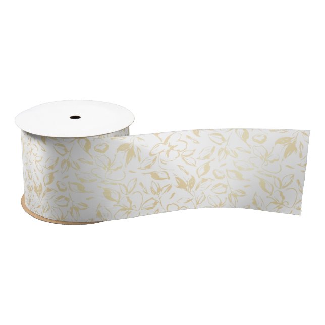 Gold Flowers Elegant White Soft Faded Floral Satin Ribbon (Spool)