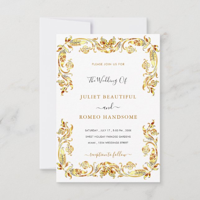 Gold Flowers Framed Wedding Invitation Template (Front)