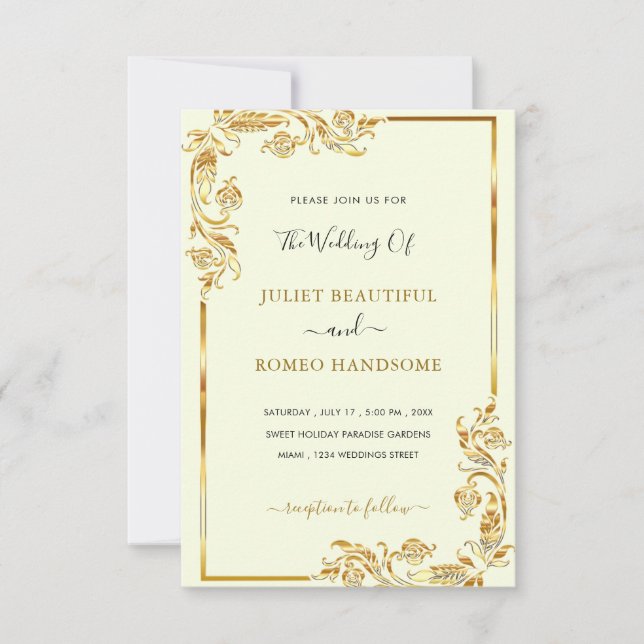 Gold Flowers Framed Wedding Invitation Your Colour (Front)