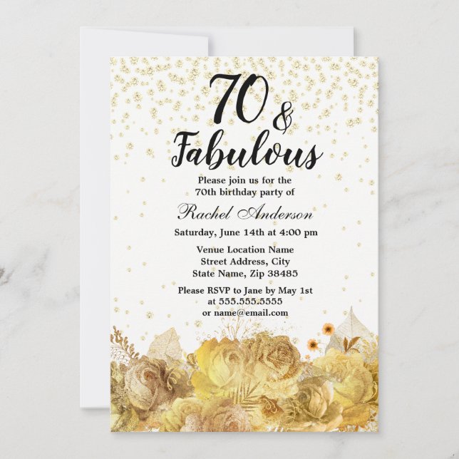 Gold Flowers Glitter 70 and Fabulous 70th Birthday Invitation (Front)
