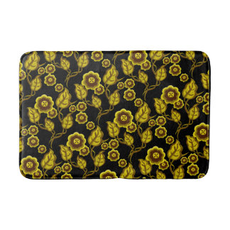 Gold flowers, gold leaves, Folk art floral/black Bath Mat