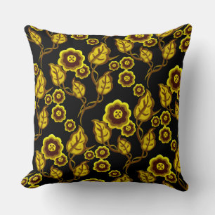 Gold flowers, gold leaves, Folk art floral/black Throw Pillow