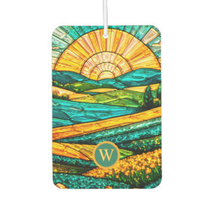 Gold Flowers Green Countryside Faux Stained Glass Air Freshener