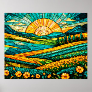 Gold Flowers Green Countryside Faux Stained Glass Poster