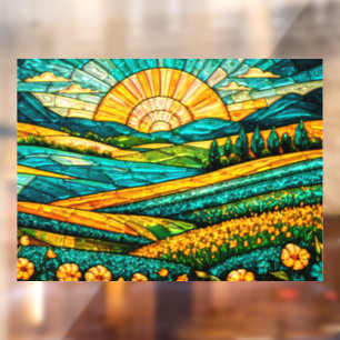 Gold Flowers Green Countryside Faux Stained Glass Window Cling