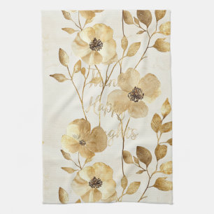 Gold Flowers Inspirational Happy Thoughts Kitchen Towel