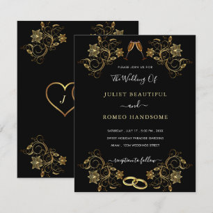 Gold Flowers Love Golden Black Wedding Invitation 