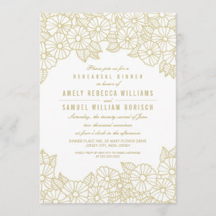 Gold Flowers on White Rehearsal Dinner Invitation