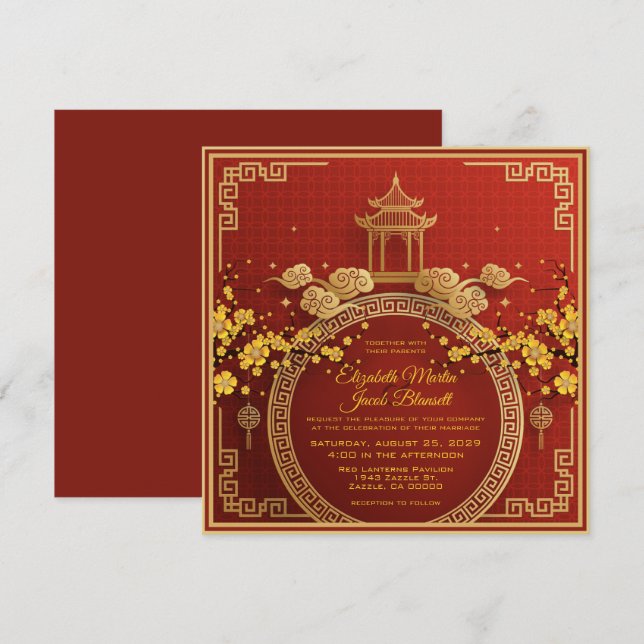 Gold Flowers & Pagoda Red Chinese Wedding Invitati Invitation (Front/Back)