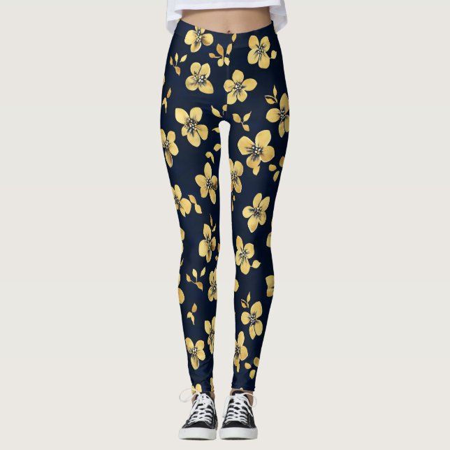 Gold Flowers Pattern Leggings (Front)