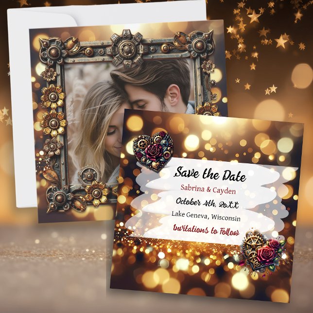 Gold Flowers Steampunk Personalized Wedding Save The Date (Creator Uploaded)