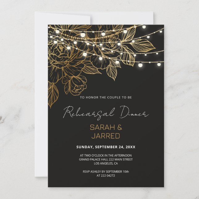 Gold Flowers String Lights Rehearsal Invitation (Front)