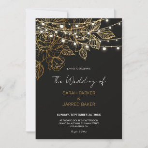 Gold Flowers String Lights Wedding Invitation