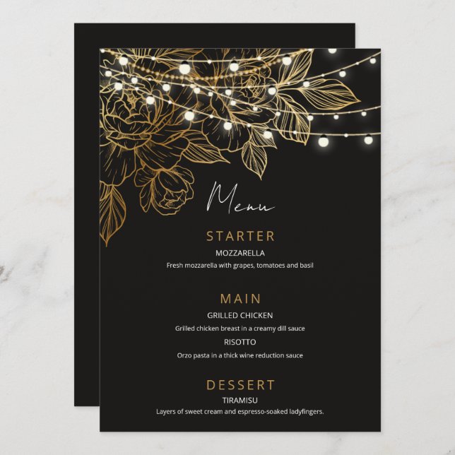 Gold Flowers String Lights Wedding Menu (Front/Back)