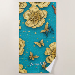Gold Flowers Teal Background Custom Name Beach Towel