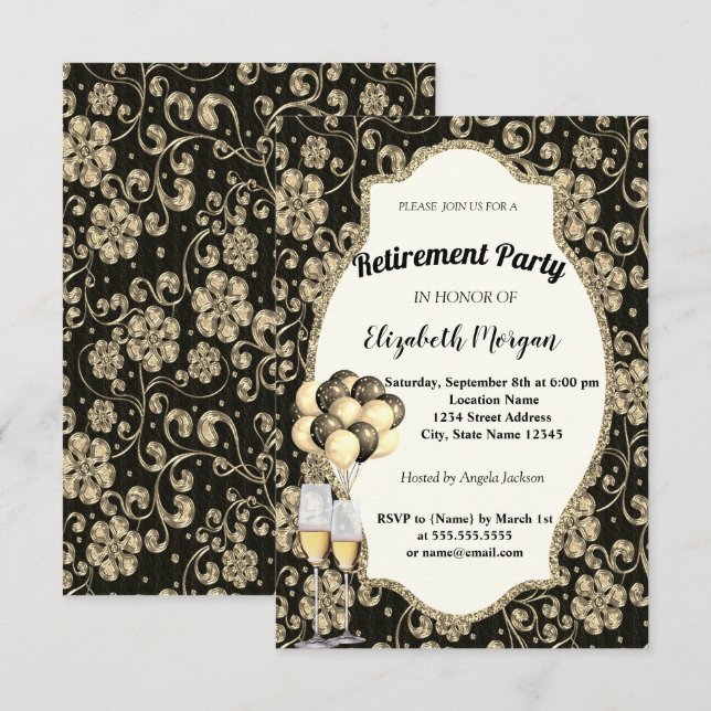 Gold Flowers Wine Glas , Ballons, Retirement Party Invitation (Front/Back)