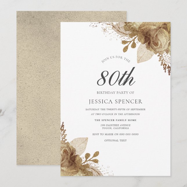 Gold Flowers Womans Mens 80th Birthday Invite (Front/Back)