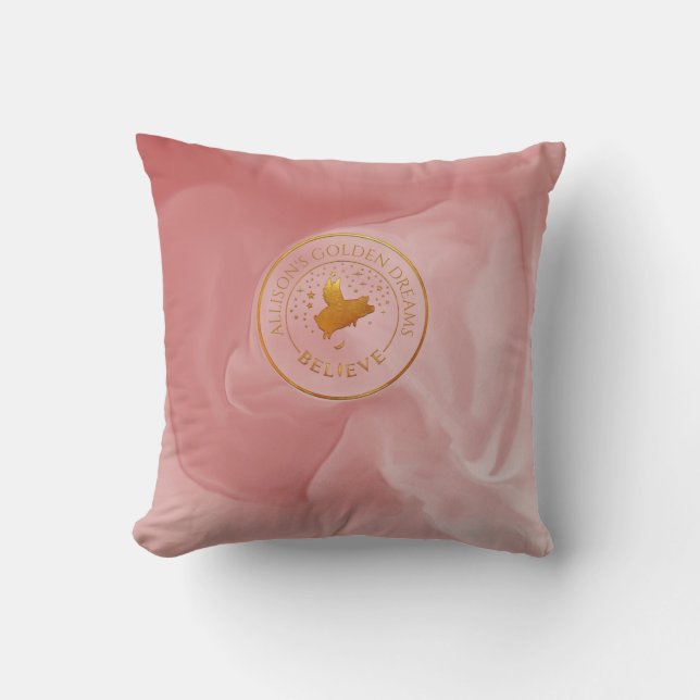 Gold Flying Pig Throw Pillow (Front)
