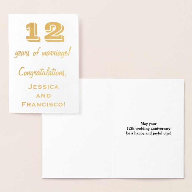 Gold Foil 12th Wedding Anniversary + Custom Names Card (Display)