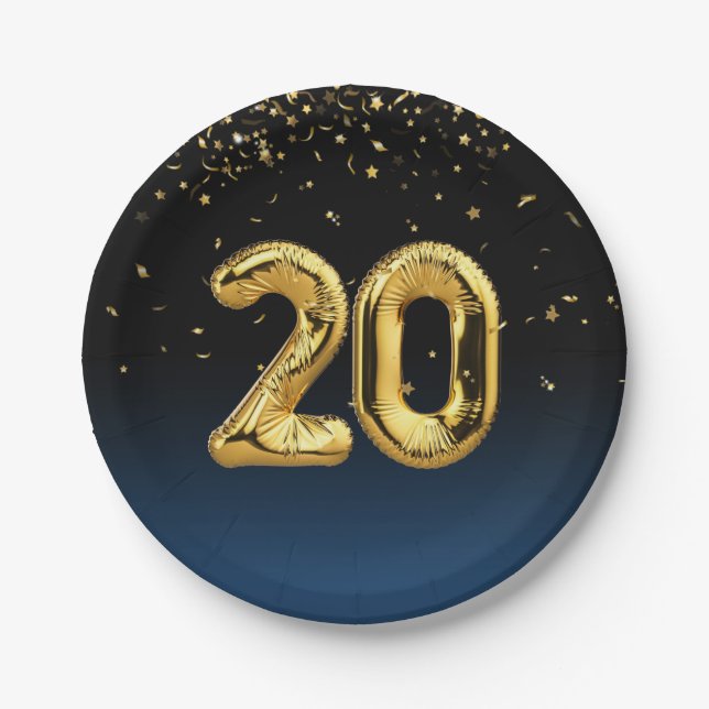 Gold Foil 20 Balloons And Confetti Paper Plate (Front)
