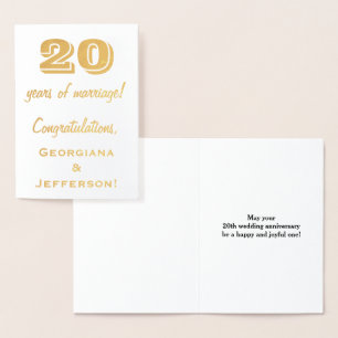 Gold Foil 20th Wedding Anniversary + Custom Names Foil Card
