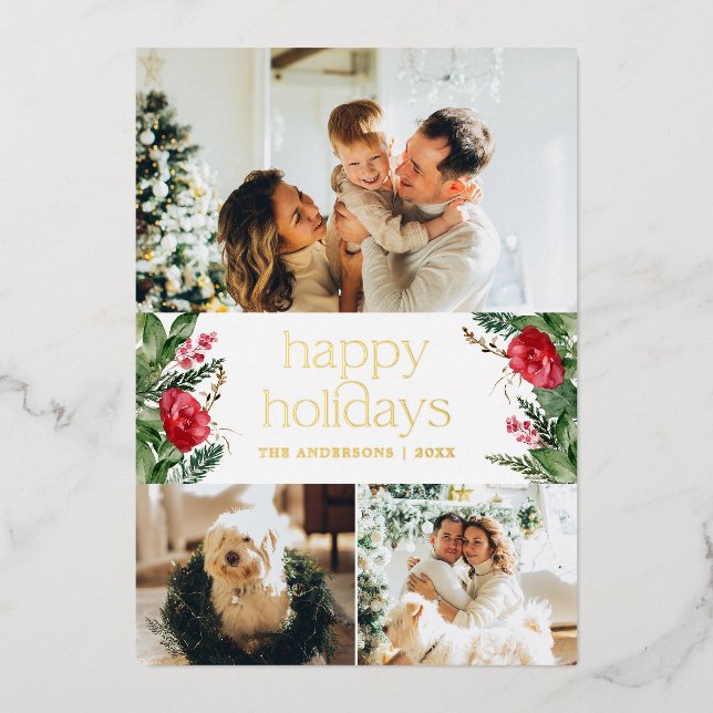 Gold Foil 3 Photo Elegant Winter Greenery Holiday  (Front)